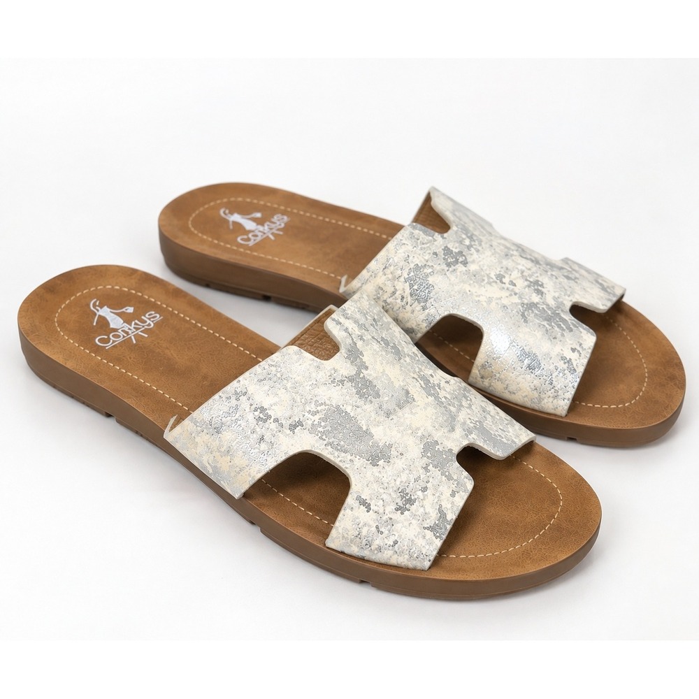 Corkys Bogalusa Slide Sandals Womens 10 Silver Metallic H-Strap Leather Slip On